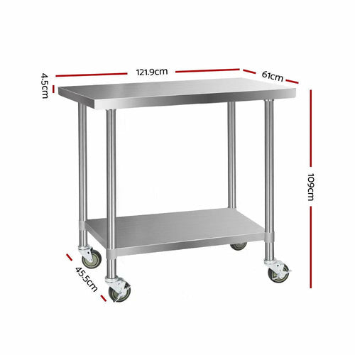 Cefito 304 Stainless Steel Commercial Kitchen Bench with Wheels — 48" (1219mm)