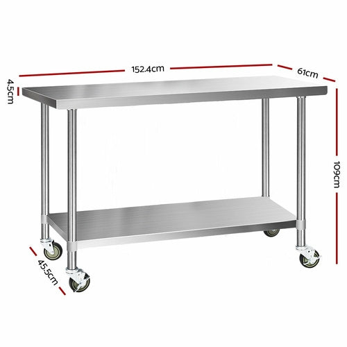 Cefito 304 Stainless Steel Commercial Kitchen Bench with Wheels — 60" (1524mm)