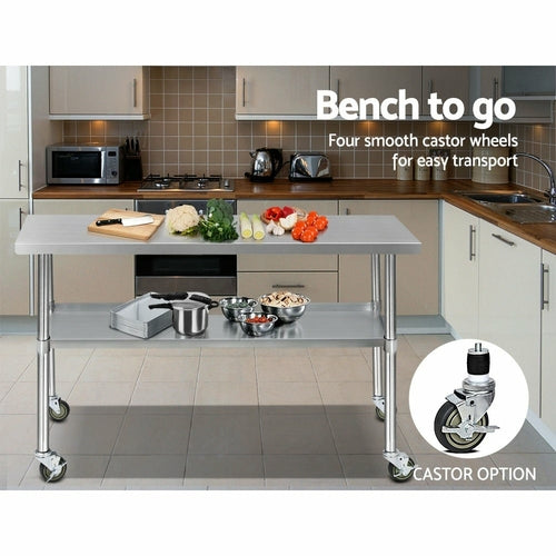 Cefito 304 Stainless Steel Commercial Kitchen Bench with Wheels — 60" (1524mm)