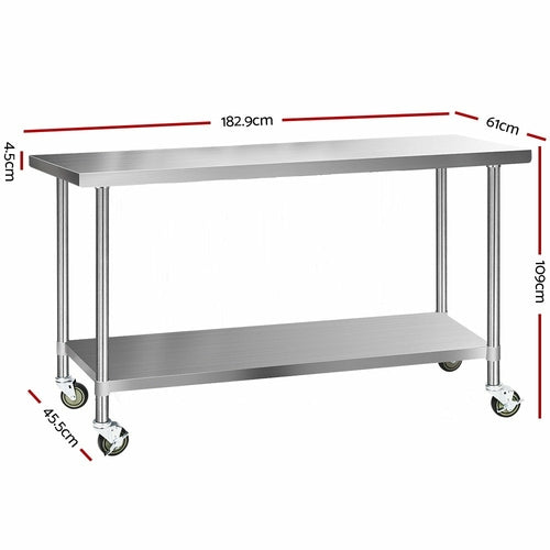 Cefito 304 Stainless Steel Commercial Kitchen Bench with Wheels — 72" (1829mm)