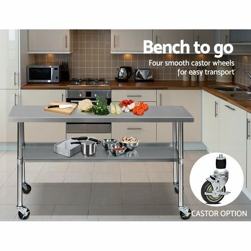Cefito 304 Stainless Steel Commercial Kitchen Bench with Wheels — 72" (1829mm)
