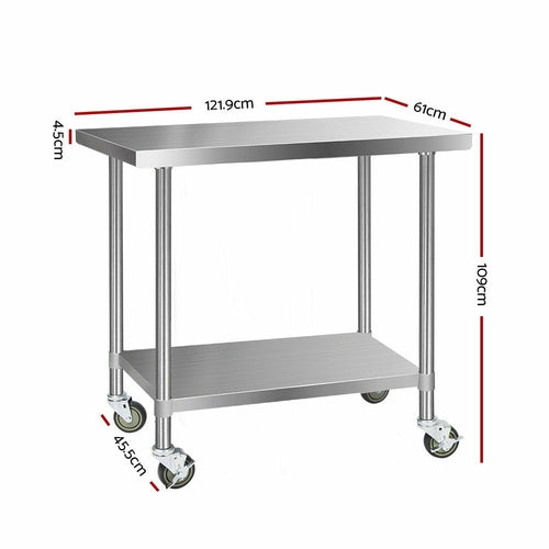 Cefito 430 Stainless Steel Commercial Kitchen Bench with Wheels — 48" (1219mm)